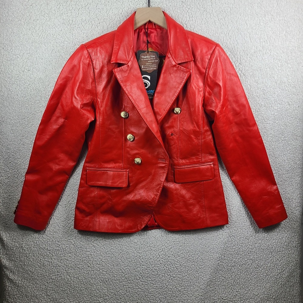 SkinOutfit Genuine Lambskin Leather Blazer Women's M Red Double Breasted Jacket
